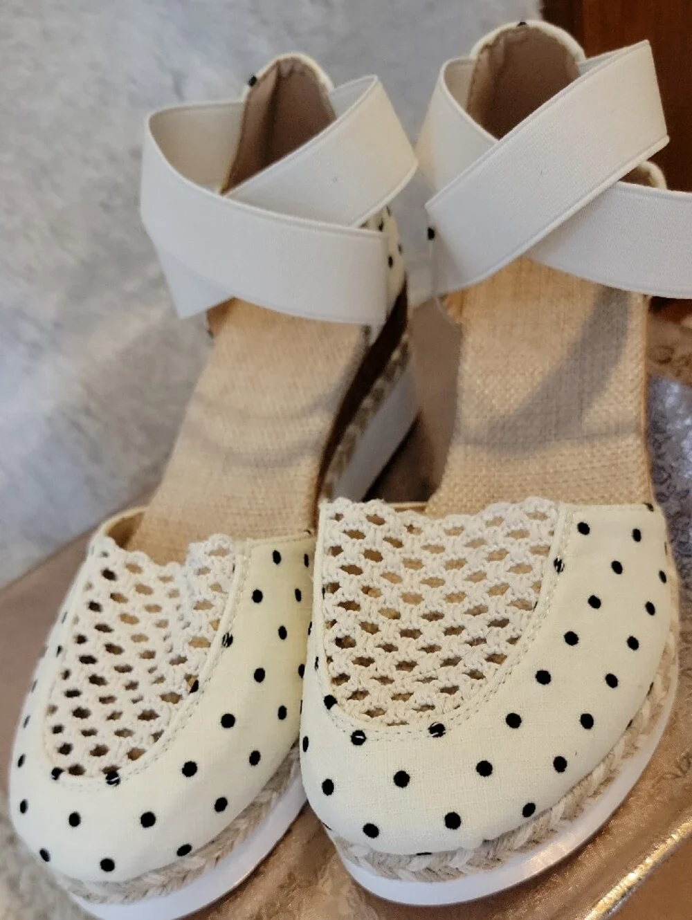 Cream Polka Dot Wedge Espadrille Sandals with Ankle Strap